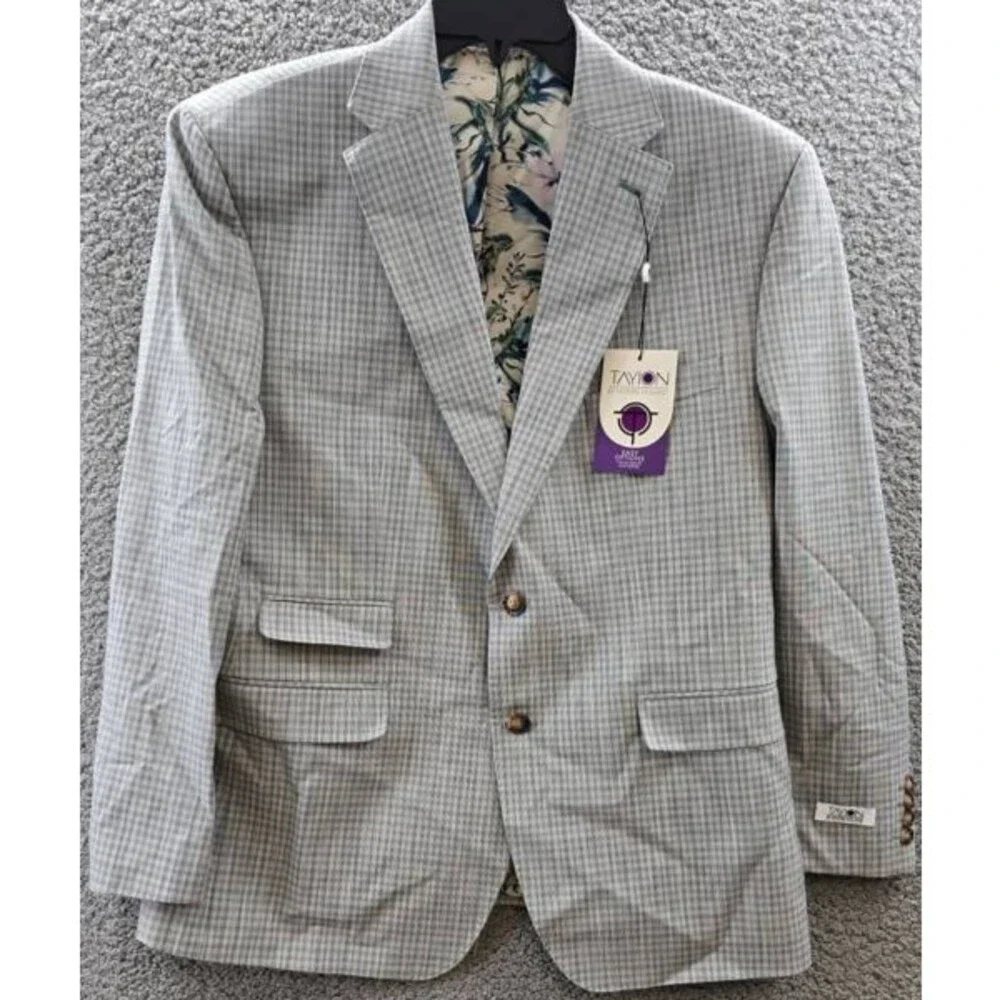 Tayion Collection Regular-Fit Suit Jacket Men's 42S Grey Green Plaid Long Sleeve